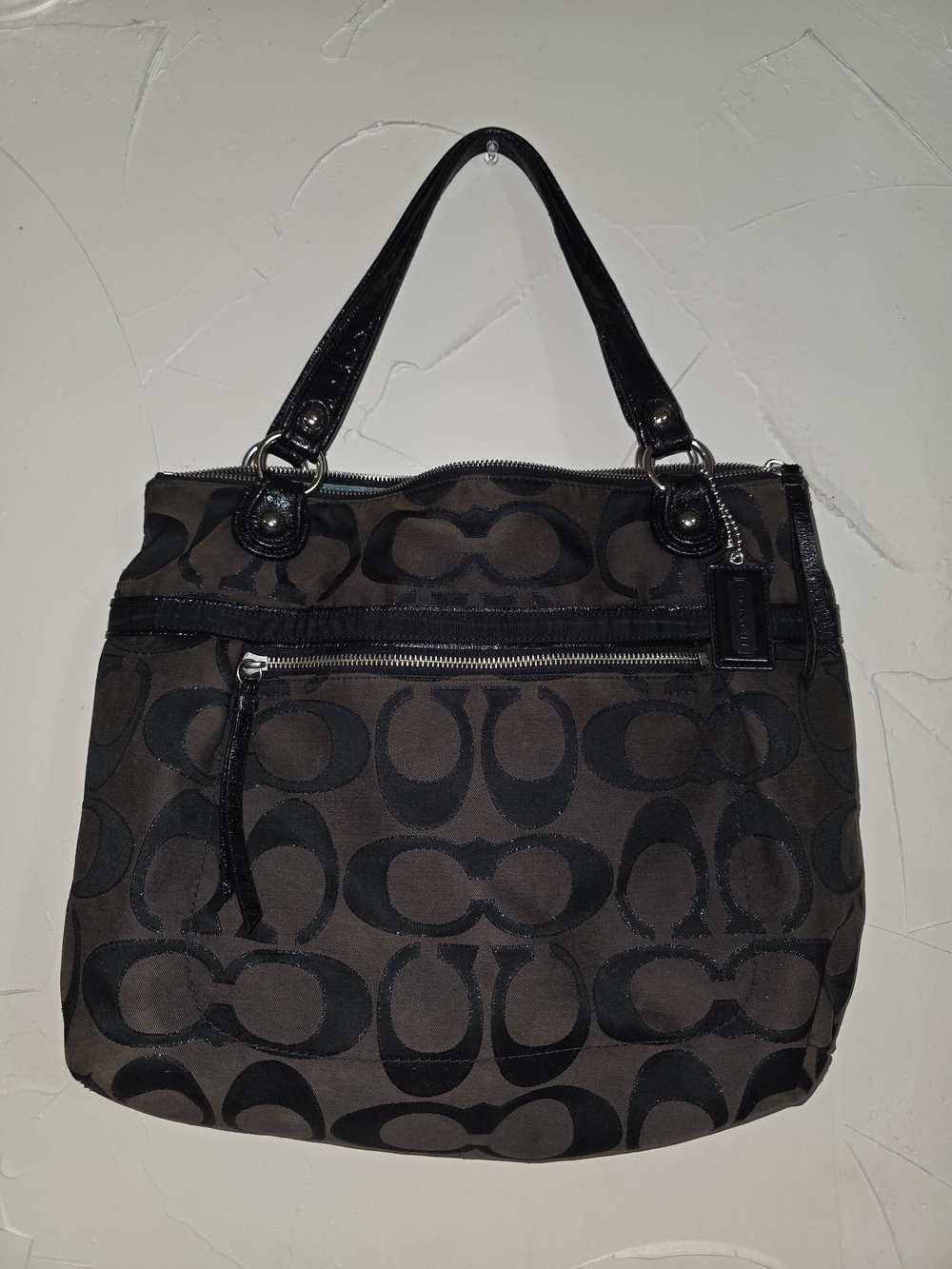 Coach Poppy Black and Brown Signature Tote with Patent Trim